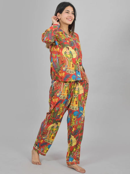 100% Pure Cotton Frida Print Pajama Set Hand Block Printed Orange Loungewear for Women