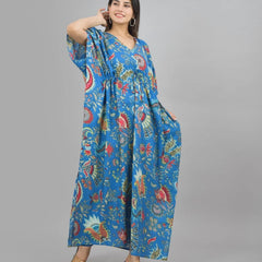 blue Flower Print Cotton Kaftan Dress - Block Printed Women's Caftan, Beach Cover Up, Lightweight Loungewear