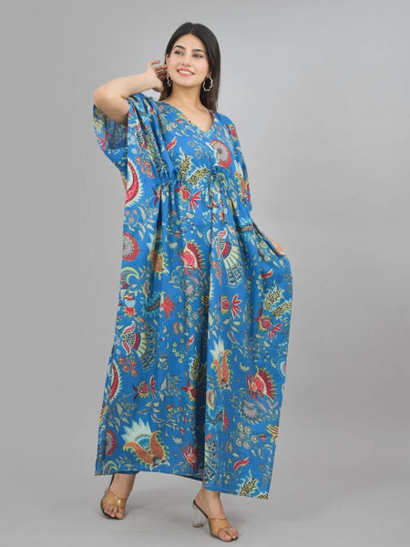 blue Flower Print Cotton Kaftan Dress - Block Printed Women's Caftan, Beach Cover Up, Lightweight Loungewear