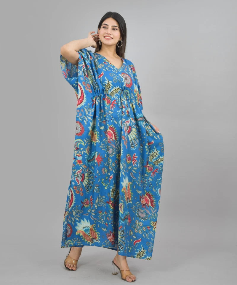 blue Flower Print Cotton Kaftan Dress - Block Printed Women's Caftan, Beach Cover Up, Lightweight Loungewear