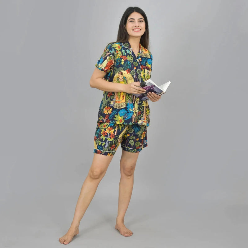 100% Pure Cotton Frida Kahlo Print Women's Loungewear Set - Blue Shorts and Night Suit for Sleepwear & Relaxation