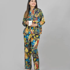 100% Pure Cotton Frida Print Pajama Set - Soft Blue Cotton Pants & Shirt Set for Women