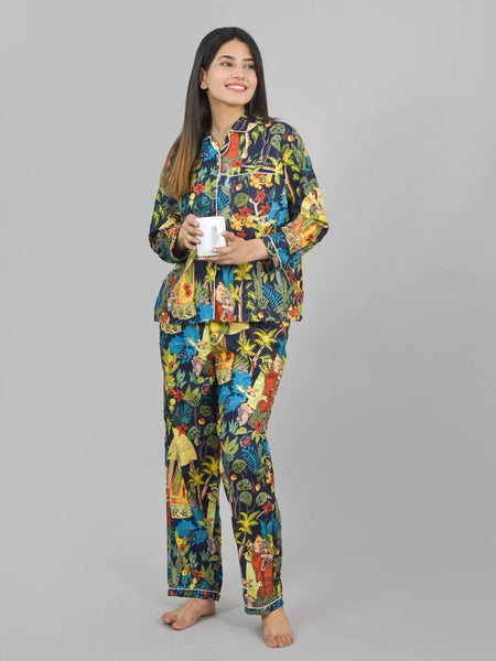 100% Pure Cotton Frida Print Pajama Set - Soft Blue Cotton Pants & Shirt Set for Women