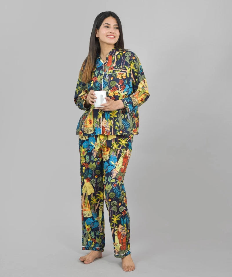 100% Pure Cotton Frida Print Pajama Set - Soft Blue Cotton Pants & Shirt Set for Women