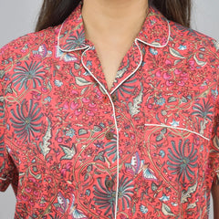 100% Pure Cotton Women's Shorts Night Suit Set - Red Flower Hand Block Print | Comfortable Sleepwear