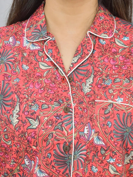 100% Pure Cotton Women's Shorts Night Suit Set - Red Flower Hand Block Print | Comfortable Sleepwear