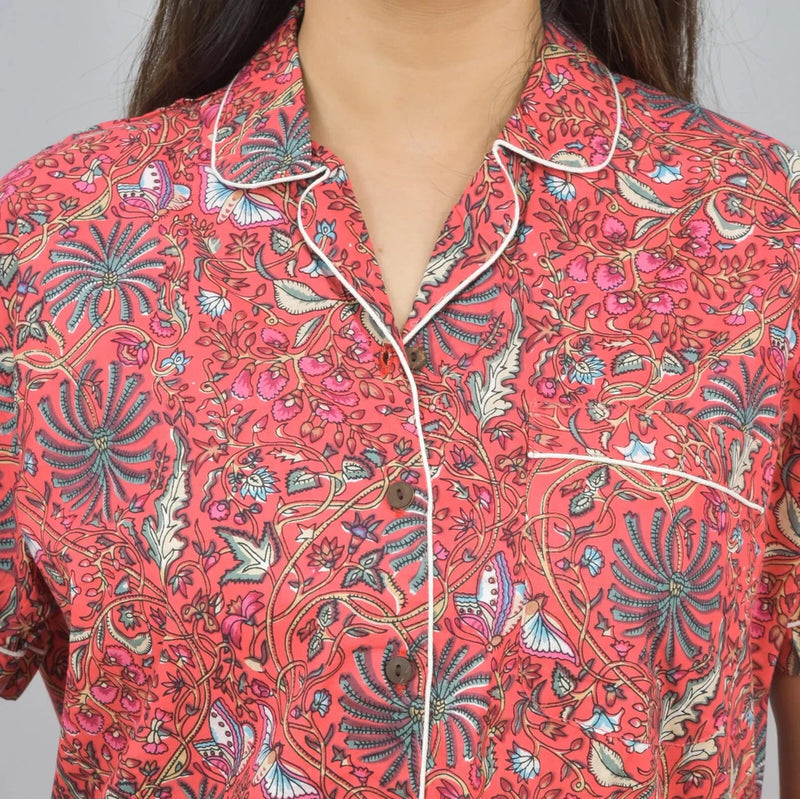 100% Pure Cotton Women's Shorts Night Suit Set - Red Flower Hand Block Print | Comfortable Sleepwear