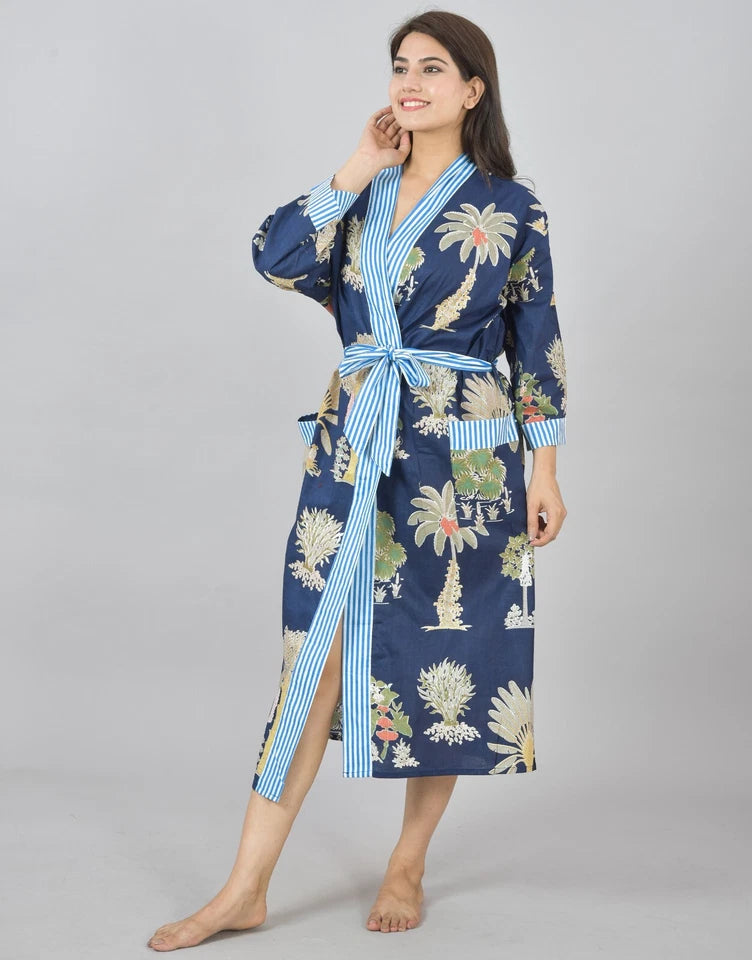 Floral Print Cotton Kimono Robe Dressing Gown - Hand Block Print 100% Cotton Bridesmaid Bathrobe with Pocket, Royal Blue Kimono Robe for Women