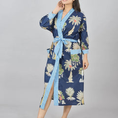 Floral Print Cotton Kimono Robe Dressing Gown - Hand Block Print 100% Cotton Bridesmaid Bathrobe with Pocket, Royal Blue Kimono Robe for Women
