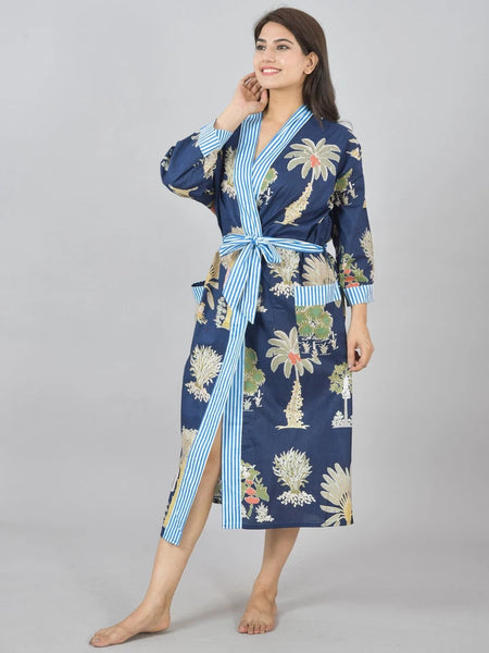 Floral Print Cotton Kimono Robe Dressing Gown - Hand Block Print 100% Cotton Bridesmaid Bathrobe with Pocket, Royal Blue Kimono Robe for Women