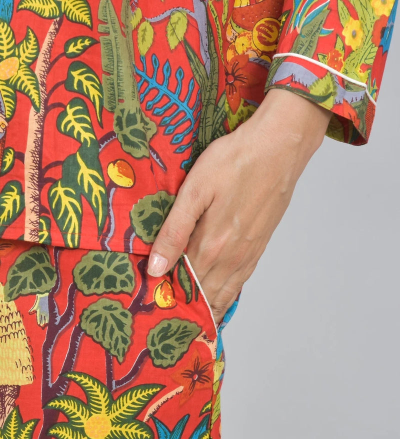 100% Pure Cotton Frida Print Pajama Set Hand Block Printed Orange Loungewear for Women