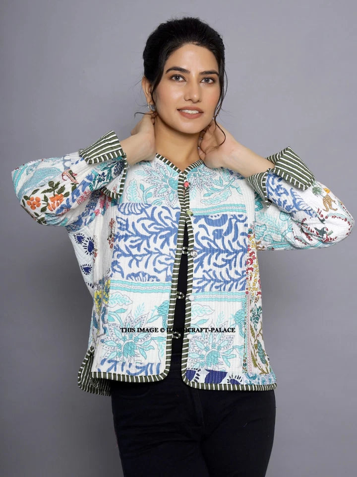 Women Cotton Quilted Patchwork Reversible Winter White Jacket