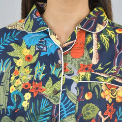 100% Pure Cotton Frida Print Pajama Set - Soft Blue Cotton Pants & Shirt Set for Women