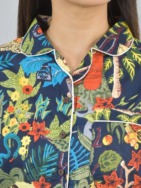 100% Pure Cotton Frida Print Pajama Set - Soft Blue Cotton Pants & Shirt Set for Women