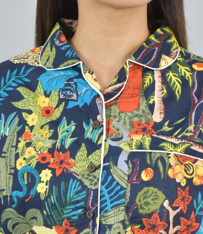 100% Pure Cotton Frida Print Pajama Set - Soft Blue Cotton Pants & Shirt Set for Women