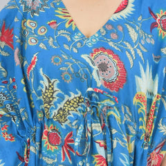blue Flower Print Cotton Kaftan Dress - Block Printed Women's Caftan, Beach Cover Up, Lightweight Loungewear