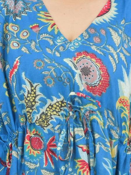 blue Flower Print Cotton Kaftan Dress - Block Printed Women's Caftan, Beach Cover Up, Lightweight Loungewear