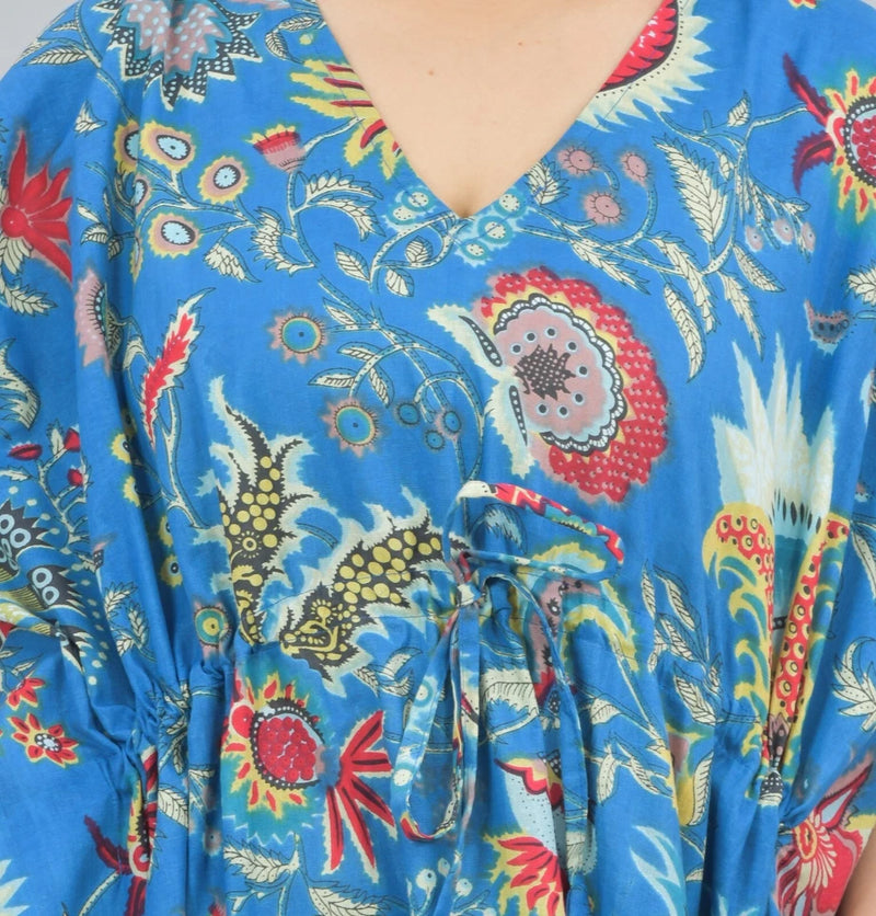 blue Flower Print Cotton Kaftan Dress - Block Printed Women's Caftan, Beach Cover Up, Lightweight Loungewear