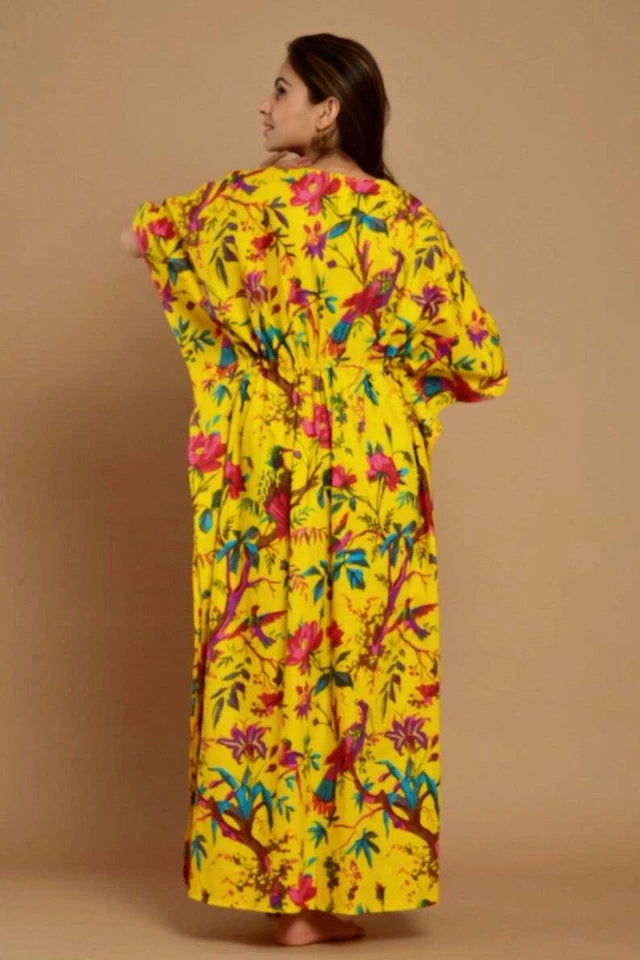 Yellow Bird Print Indian Cotton Kaftan - Long Maxi Dress, 100% Soft Cotton Beach Cover Up & Loungewear