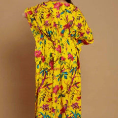 Yellow Bird Print Indian Cotton Kaftan - Long Maxi Dress, 100% Soft Cotton Beach Cover Up & Loungewear