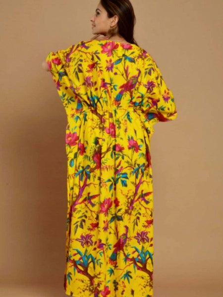 Yellow Bird Print Indian Cotton Kaftan - Long Maxi Dress, 100% Soft Cotton Beach Cover Up & Loungewear