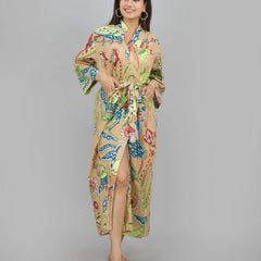 100% Cotton Floral & Bird Print Kimono Robe | Hand Printed Cotton Dressing Gown