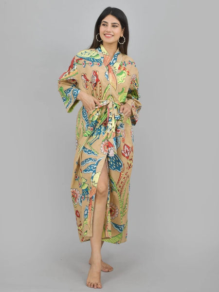 100% Cotton Floral & Bird Print Kimono Robe | Hand Printed Cotton Dressing Gown