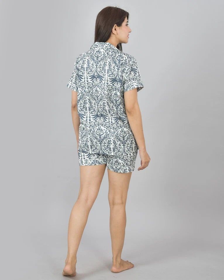 100% Pure Cotton Women's Flower Print Shorts Night Suit Set | Grey Loungewear for Comfort & Style