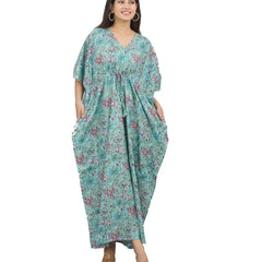 Green Floral Print Indian Cotton Kaftan Maxi Dress, Boho Beach Cover Up, Lightweight Summer Loungewear