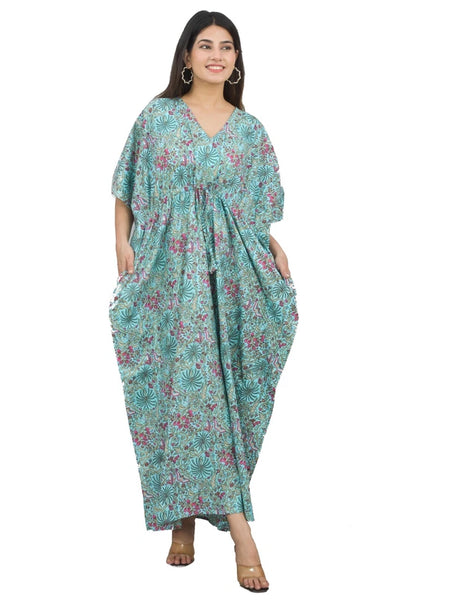 Green Floral Print Indian Cotton Kaftan Maxi Dress, Boho Beach Cover Up, Lightweight Summer Loungewear