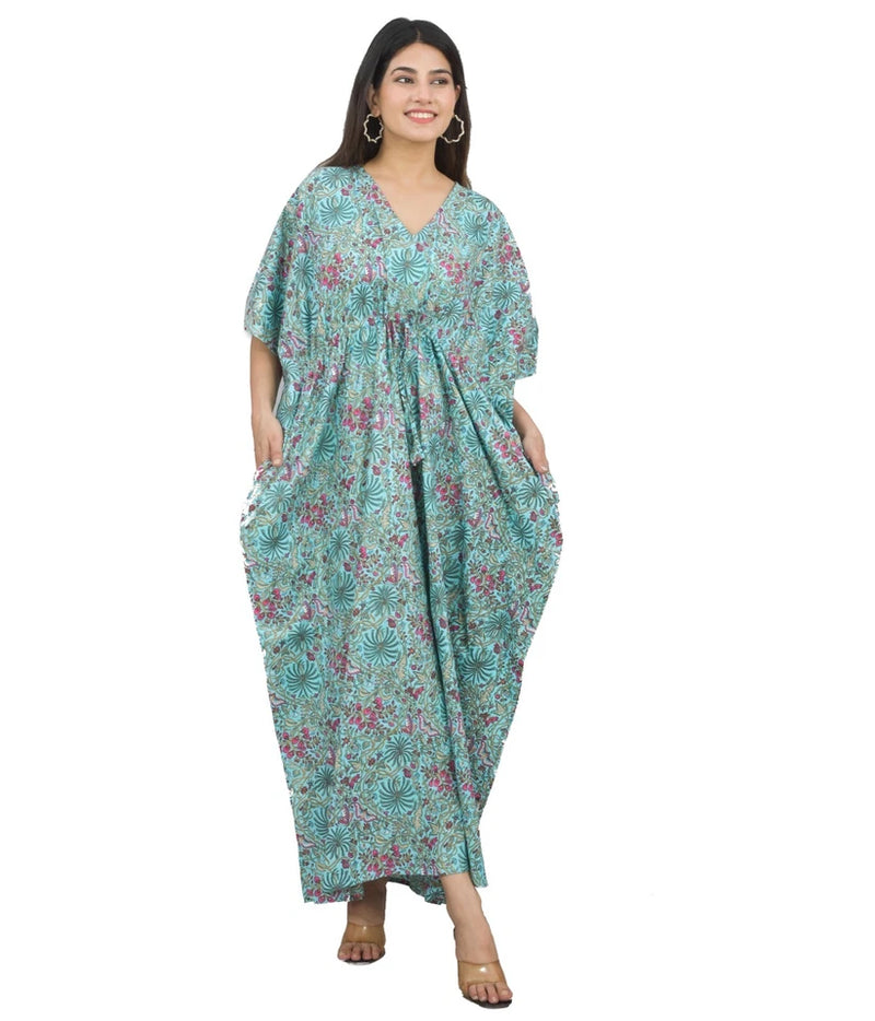 Green Floral Print Indian Cotton Kaftan Maxi Dress, Boho Beach Cover Up, Lightweight Summer Loungewear