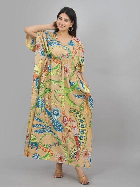 Handmade Indian Cotton Kaftan - Birds and Flower Print | Hand Block Printed Caftan Dress