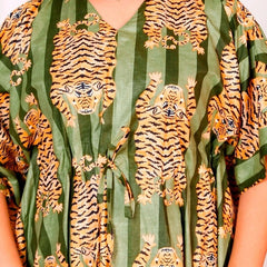 Green Tiger Print Indian Cotton Kaftan - Long Maxi Dress, Beach Cover Up, 100% Soft Cotton