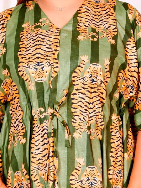 Green Tiger Print Indian Cotton Kaftan - Long Maxi Dress, Beach Cover Up, 100% Soft Cotton