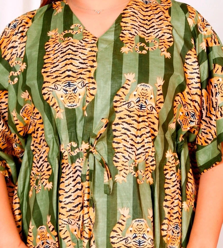 Green Tiger Print Indian Cotton Kaftan - Long Maxi Dress, Beach Cover Up, 100% Soft Cotton