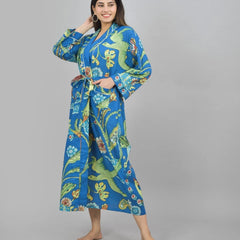 Blue Bird Floral Print Cotton Kimono Robe - Hand Block Print Bridesmaid Dressing Gown