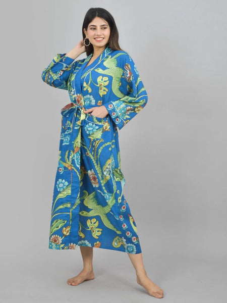 Blue Bird Floral Print Cotton Kimono Robe - Hand Block Print Bridesmaid Dressing Gown