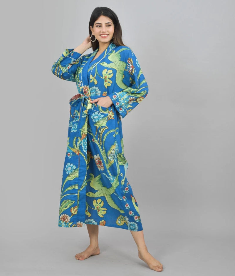 Blue Bird Floral Print Cotton Kimono Robe - Hand Block Print Bridesmaid Dressing Gown