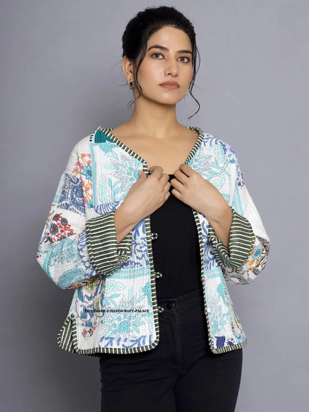 Women Cotton Quilted Patchwork Reversible Winter White Jacket