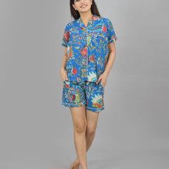 Pure Cotton Women's Night Suit Set - Sea Flower Print Loungewear Shorts Set, Breathable Sleepwear - Blue