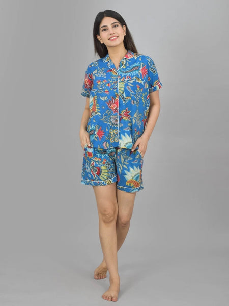 Pure Cotton Women's Night Suit Set - Sea Flower Print Loungewear Shorts Set, Breathable Sleepwear - Blue