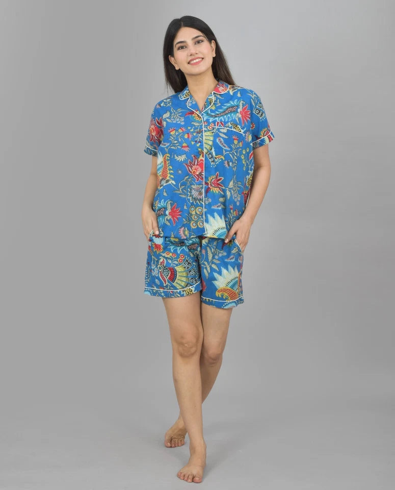 Pure Cotton Women's Night Suit Set - Sea Flower Print Loungewear Shorts Set, Breathable Sleepwear - Blue