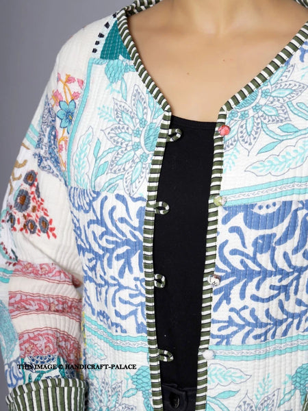 Women Cotton Quilted Patchwork Reversible Winter White Jacket