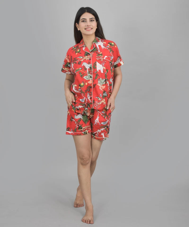 Pure Cotton Sea Jungle Print Women's Shorts Night Suit Set | Loungewear & PJs for Ultimate Comfort