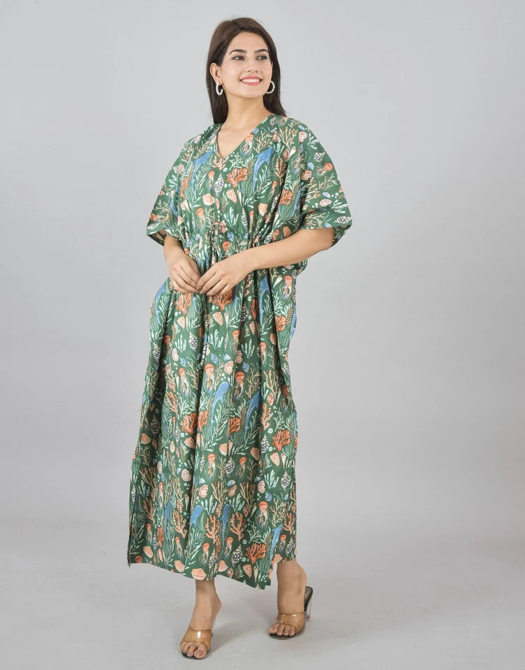 Green Sea Floral Print Cotton Kaftan with Pocket - Women's Beach Cover Up & Summer Loungewear