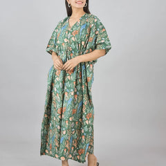 Green Sea Floral Print Cotton Kaftan with Pocket - Women's Beach Cover Up & Summer Loungewear