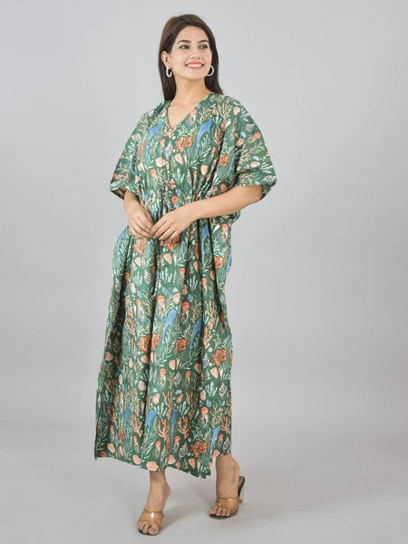 Green Sea Floral Print Cotton Kaftan with Pocket - Women's Beach Cover Up & Summer Loungewear