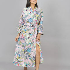 Floral Print Cotton Kimono Robe, Animal Print Pure Cotton Dressing Gown, Block Print Monkey Robe