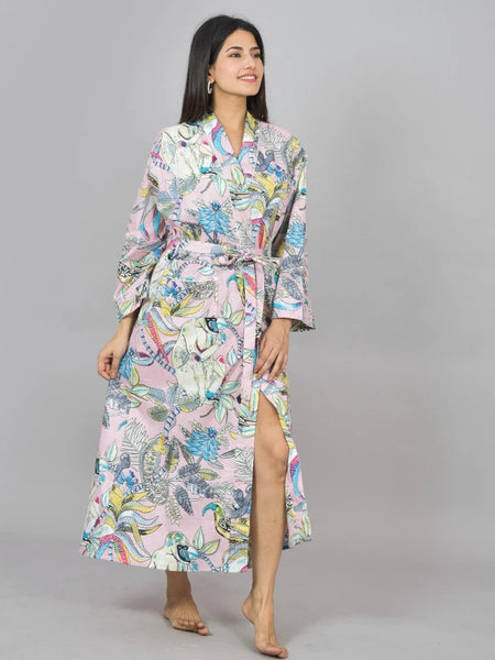 Floral Print Cotton Kimono Robe, Animal Print Pure Cotton Dressing Gown, Block Print Monkey Robe