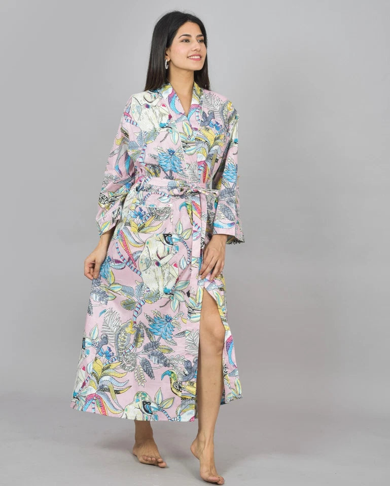 Floral Print Cotton Kimono Robe, Animal Print Pure Cotton Dressing Gown, Block Print Monkey Robe